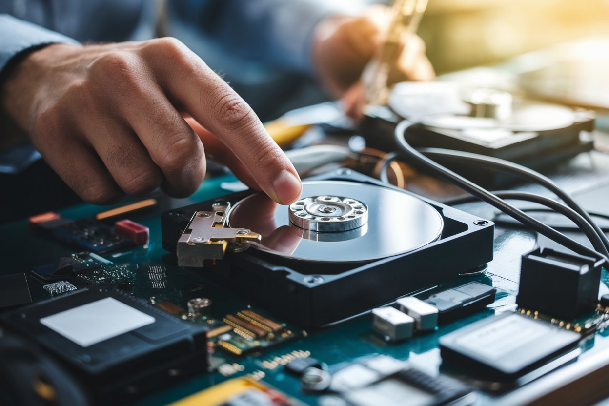 Servicetekniker som gör en hårddisk backup